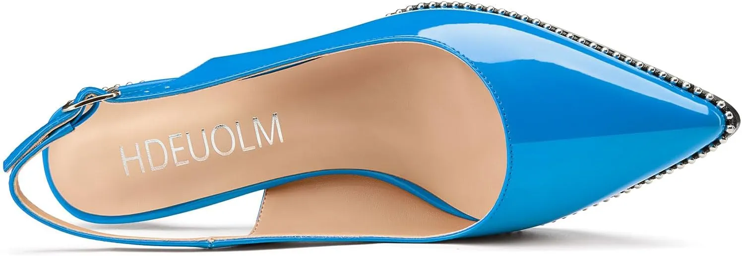 HDEUOLM Womens Mid Kitten Heel Pointed Toe Beaded Sandals Pumps Slingback Wedding Cute Patent Leather Summer 2.4 Inches Heels