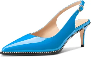 HDEUOLM Womens Mid Kitten Heel Pointed Toe Beaded Sandals Pumps Slingback Wedding Cute Patent Leather Summer 2.4 Inches Heels