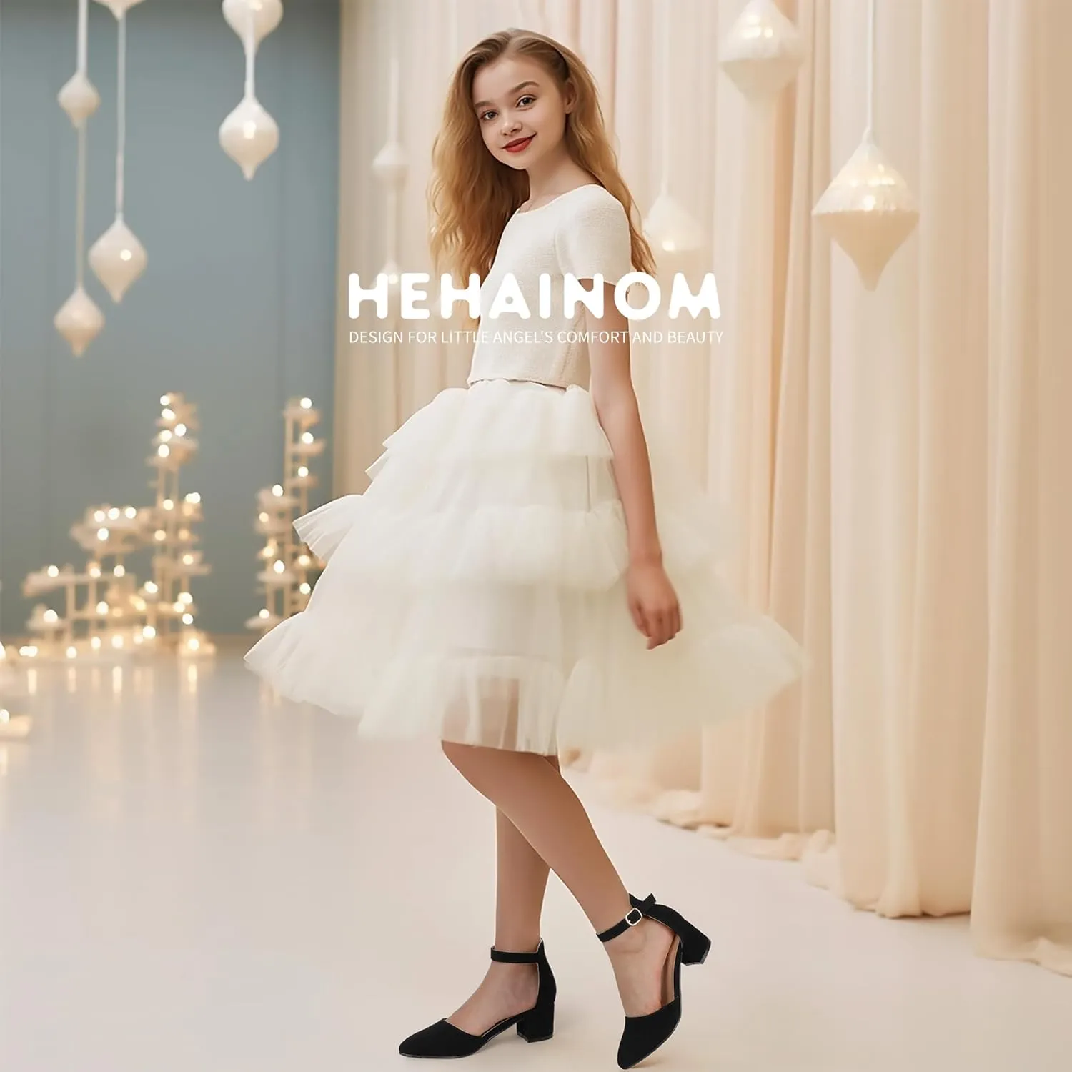 Hehainom Girls Dress Shoes High Heels Sandals Ankle Strap Flower Girl Little Big Kid Mary Jane Wedding Party Communion Mily Pump Shoes