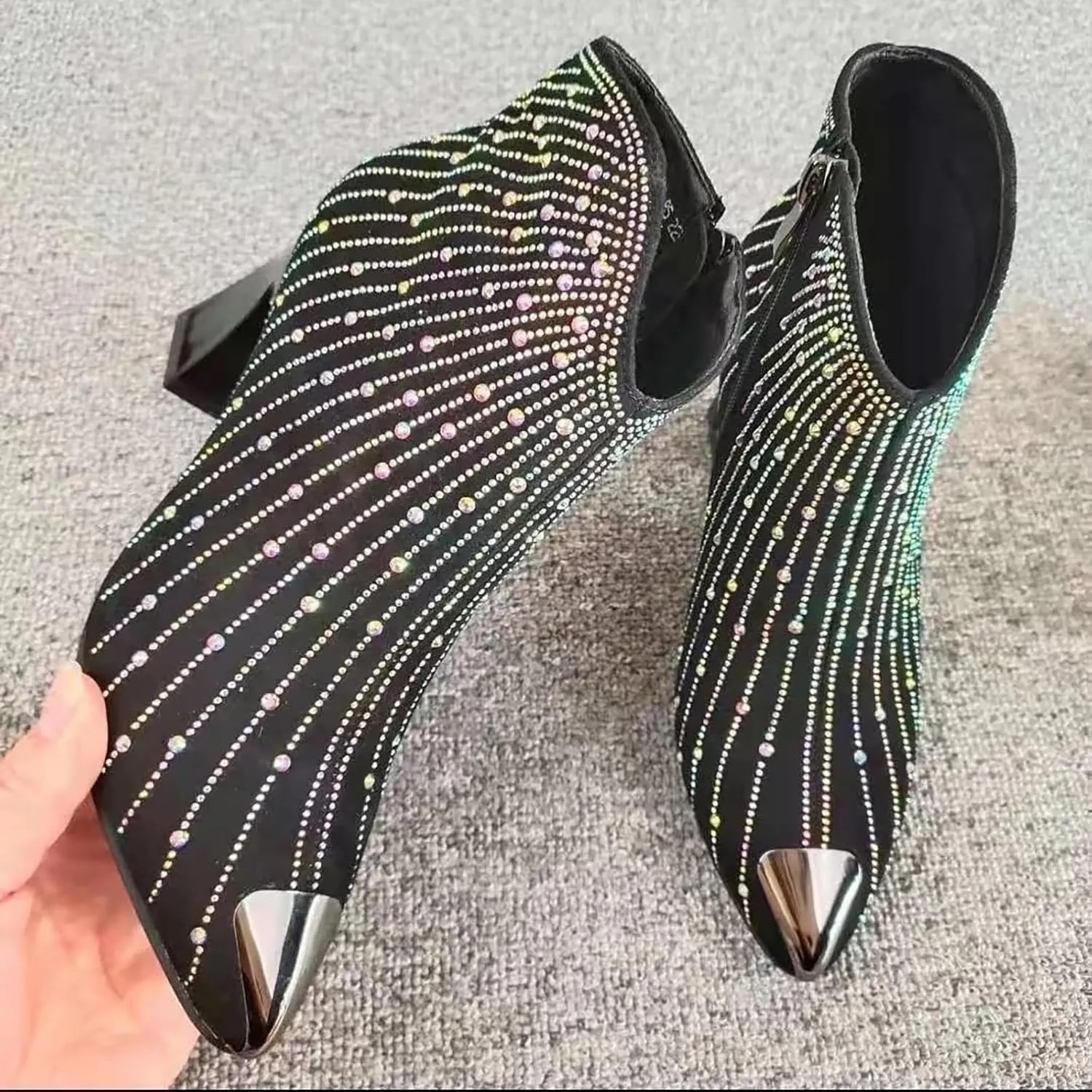 Helenbra Women's Rhinestone Pointed Toe Chunky Heel Booties,Fashion Glitter Sparkly Side Zipper Ankle Boots Anti-collision toe Party Dating Wedding Cowgirl Short Boots