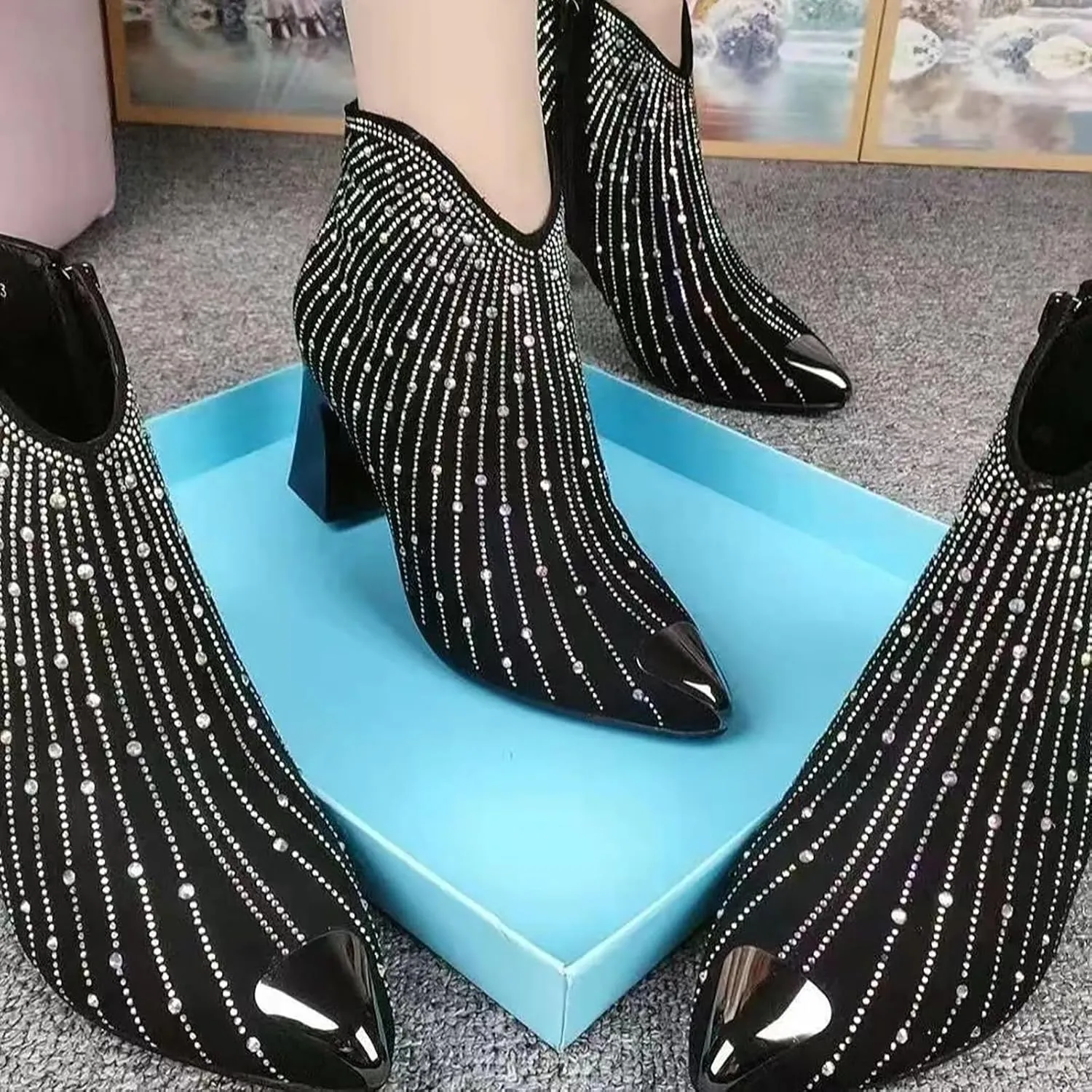 Helenbra Women's Rhinestone Pointed Toe Chunky Heel Booties,Fashion Glitter Sparkly Side Zipper Ankle Boots Anti-collision toe Party Dating Wedding Cowgirl Short Boots