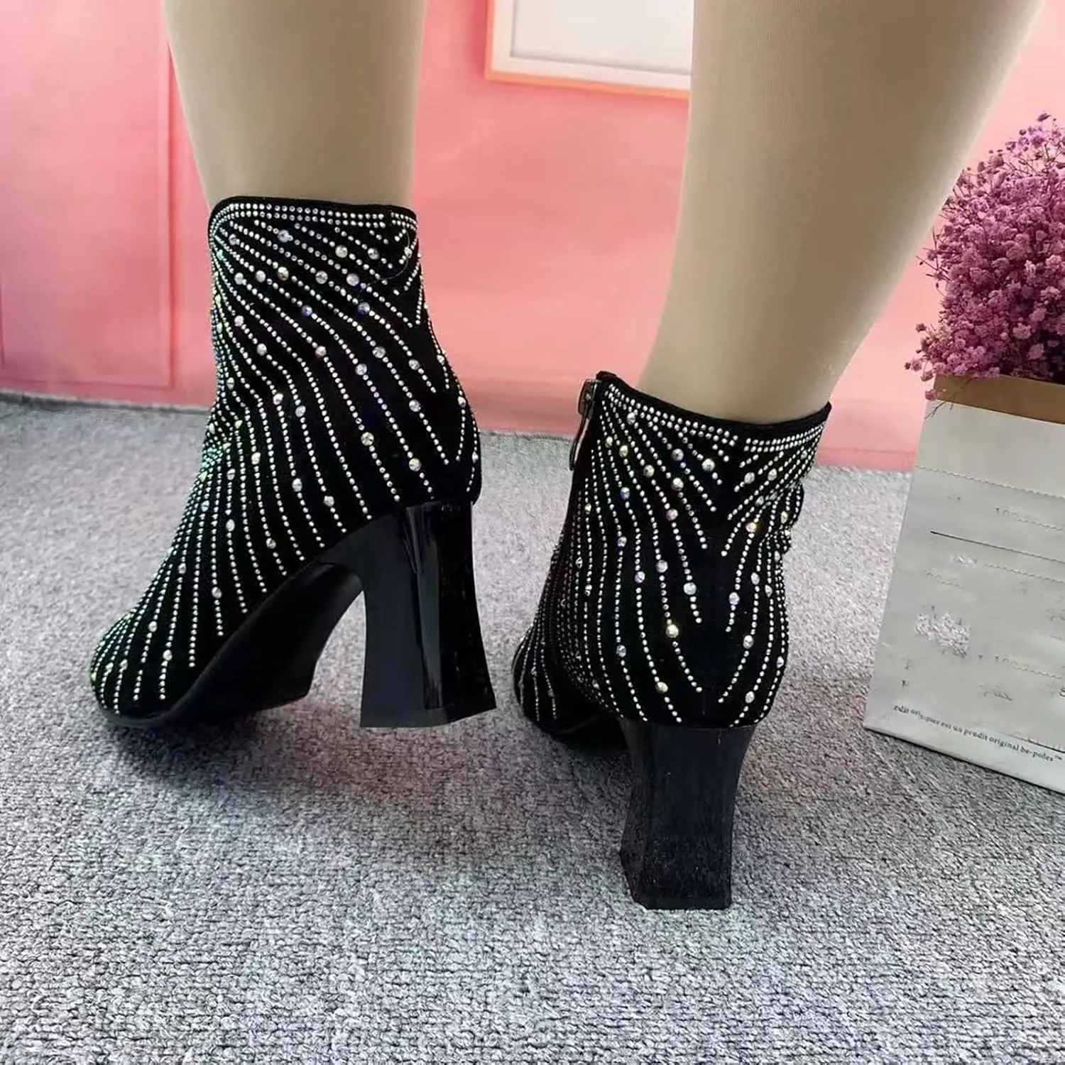 Helenbra Women's Rhinestone Pointed Toe Chunky Heel Booties,Fashion Glitter Sparkly Side Zipper Ankle Boots Anti-collision toe Party Dating Wedding Cowgirl Short Boots