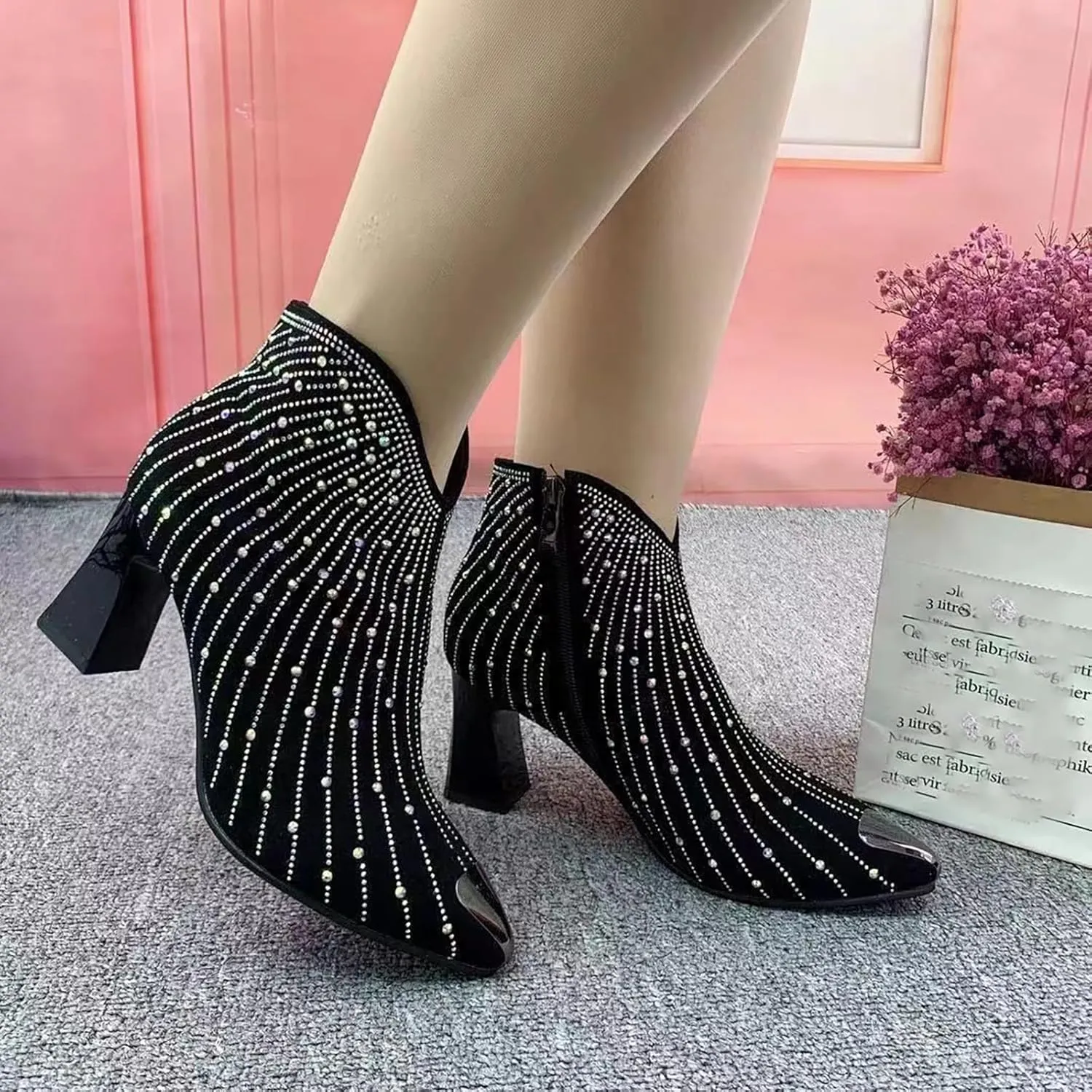 Helenbra Women's Rhinestone Pointed Toe Chunky Heel Booties,Fashion Glitter Sparkly Side Zipper Ankle Boots Anti-collision toe Party Dating Wedding Cowgirl Short Boots