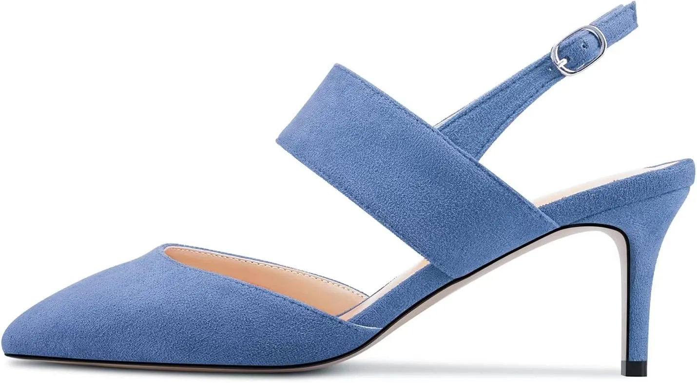 HEUIVZAR Women Mid Kitten Heel Pointed Toe Sandals Ankle Strap Slingback Buckle Wedding Dress 2.6 Inches Heels