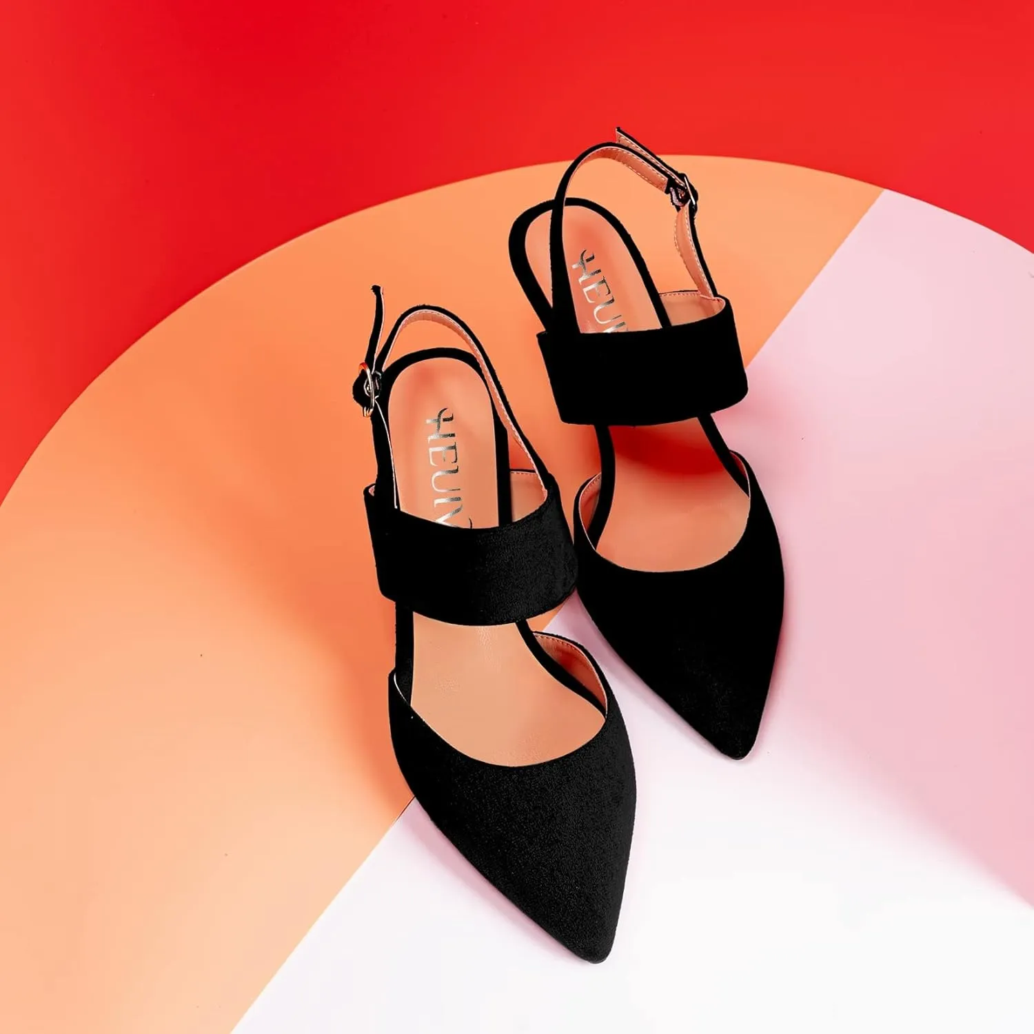 HEUIVZAR Women Mid Kitten Heel Pointed Toe Sandals Ankle Strap Slingback Buckle Wedding Dress 2.6 Inches Heels