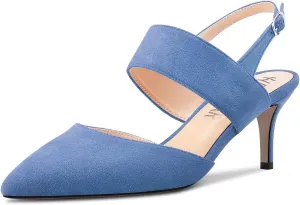 HEUIVZAR Women Mid Kitten Heel Pointed Toe Sandals Ankle Strap Slingback Buckle Wedding Dress 2.6 Inches Heels