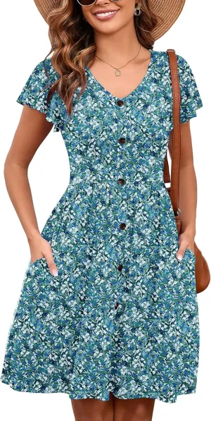 Heymoments Women Summer Dresses Ruffle Sleeve Casual V Neck Swing Button Down Midi Dress with Pockets