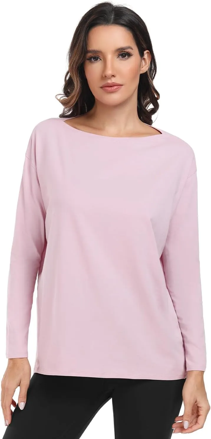 HeyNuts Women's Pima Cotton Long Sleeve Workout Shirts Boat Neck Athletic Loose Fit Soft Tops Fall Casual Shirts