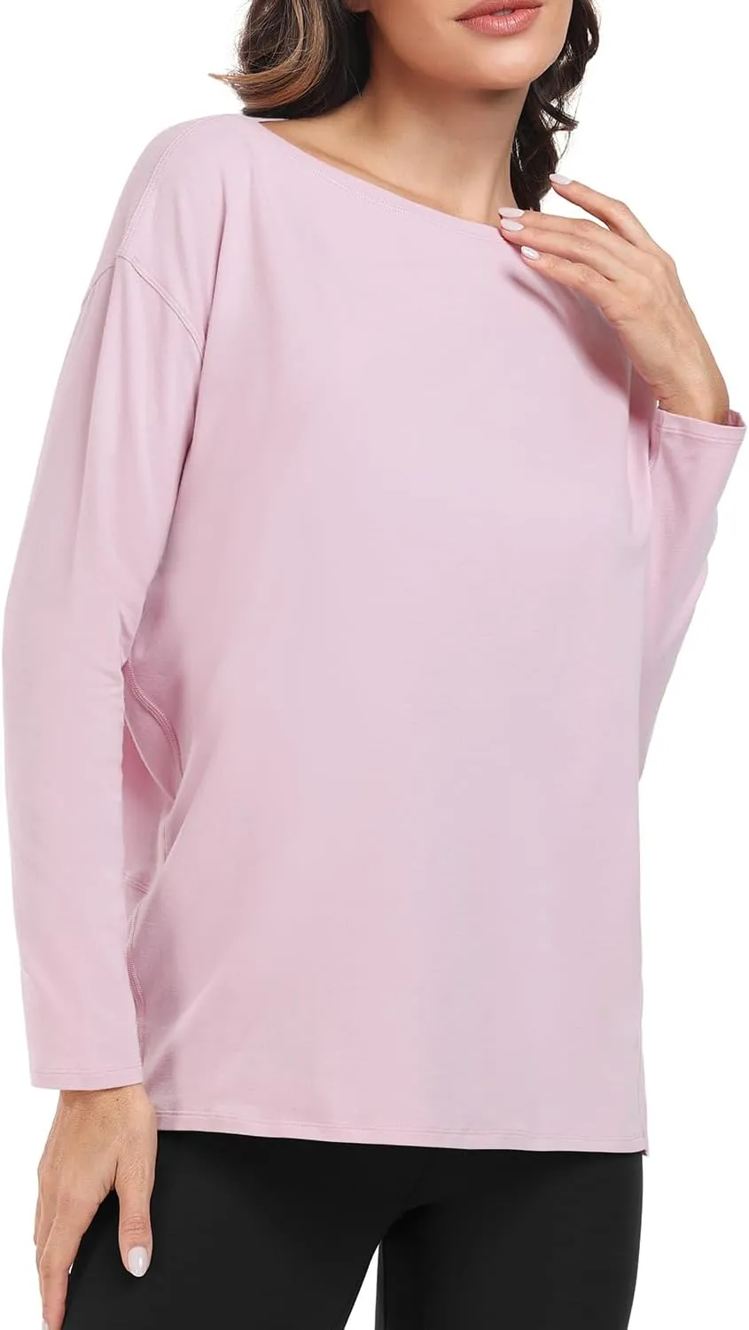 HeyNuts Women's Pima Cotton Long Sleeve Workout Shirts Boat Neck Athletic Loose Fit Soft Tops Fall Casual Shirts