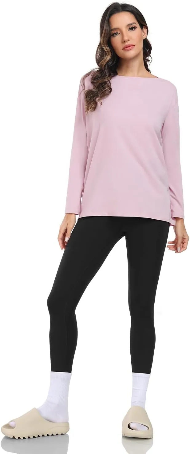 HeyNuts Women's Pima Cotton Long Sleeve Workout Shirts Boat Neck Athletic Loose Fit Soft Tops Fall Casual Shirts