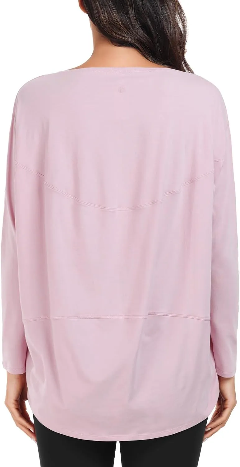 HeyNuts Women's Pima Cotton Long Sleeve Workout Shirts Boat Neck Athletic Loose Fit Soft Tops Fall Casual Shirts