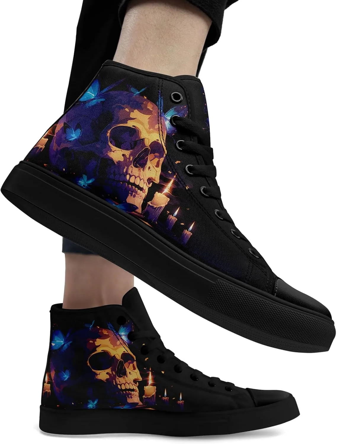 High-top Skull Canvas Sneaker for Men Women Punk Gothic Fashion Unisex Trendy Flame Walking Casual Flat Walking Shoes