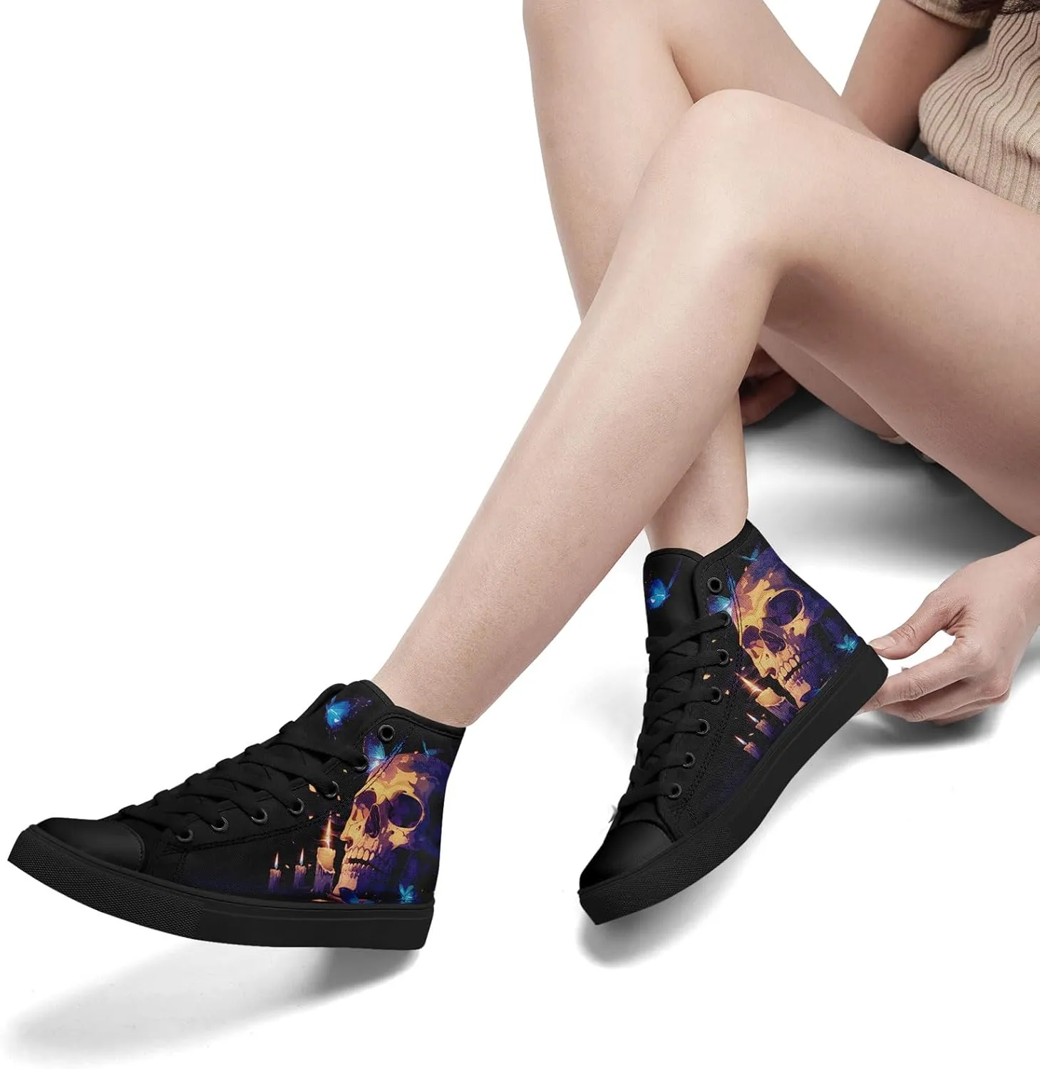 High-top Skull Canvas Sneaker for Men Women Punk Gothic Fashion Unisex Trendy Flame Walking Casual Flat Walking Shoes