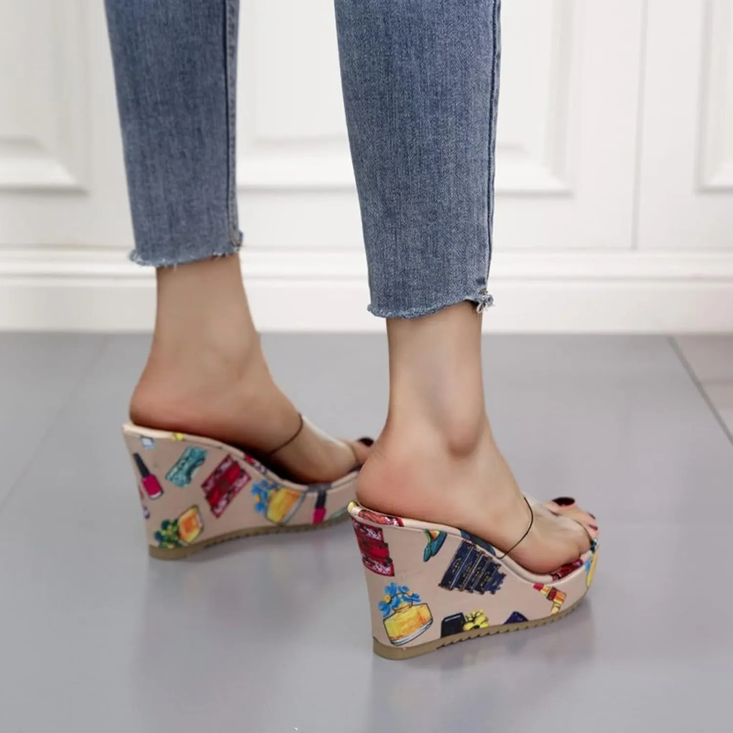 HINDOLA Sandals for Women High Heel Backless Wedge Slippers Summer Peep Toe Stylish Platform Wedge Sandals