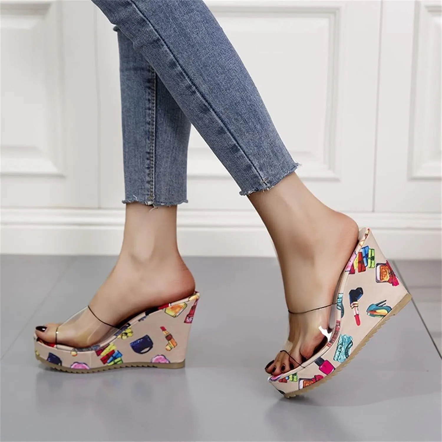 HINDOLA Sandals for Women High Heel Backless Wedge Slippers Summer Peep Toe Stylish Platform Wedge Sandals