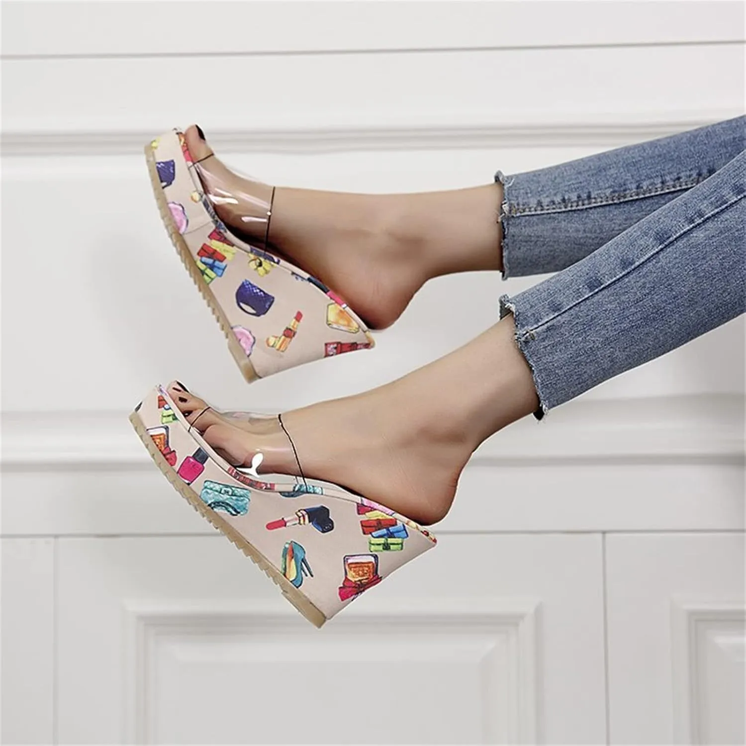 HINDOLA Sandals for Women High Heel Backless Wedge Slippers Summer Peep Toe Stylish Platform Wedge Sandals