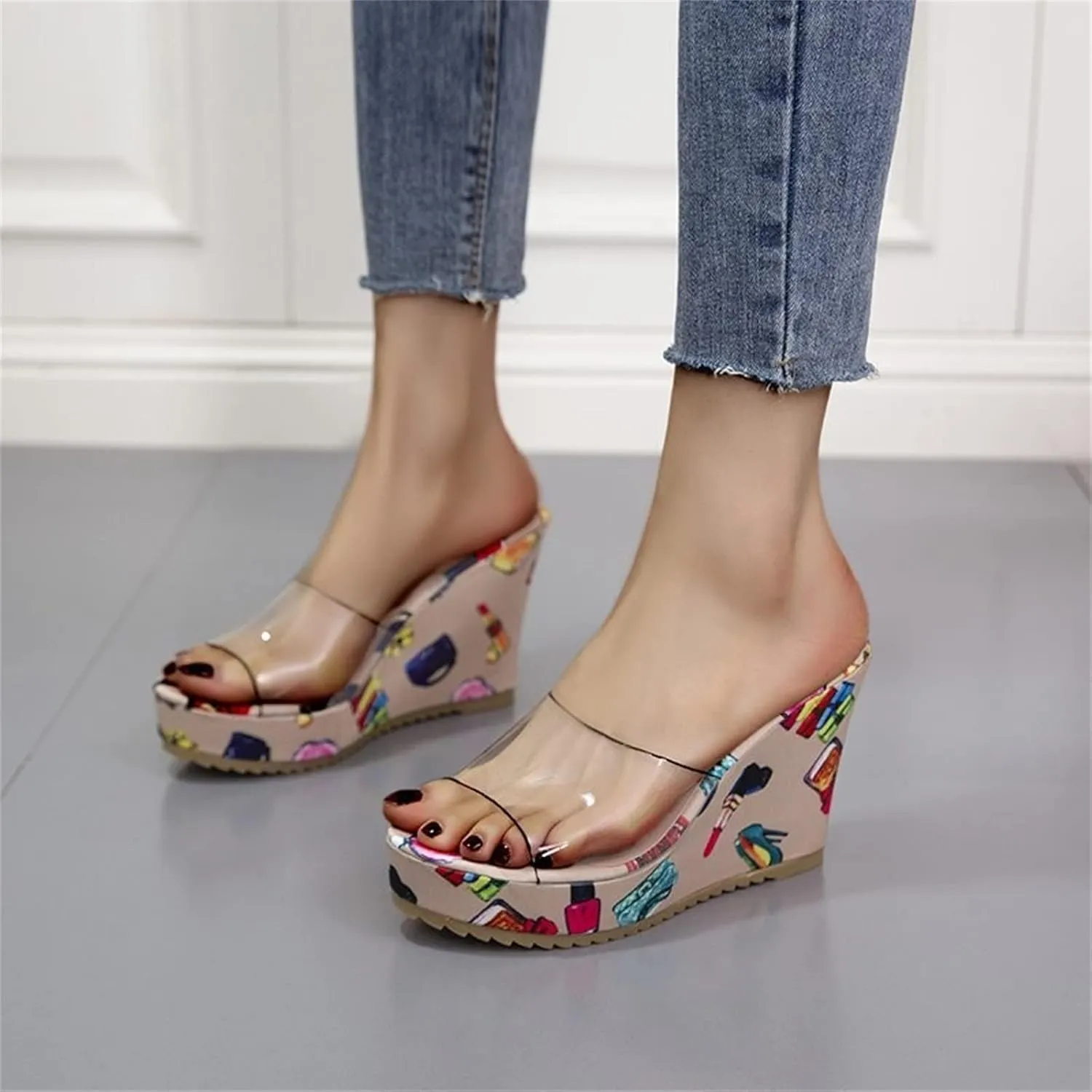 HINDOLA Sandals for Women High Heel Backless Wedge Slippers Summer Peep Toe Stylish Platform Wedge Sandals