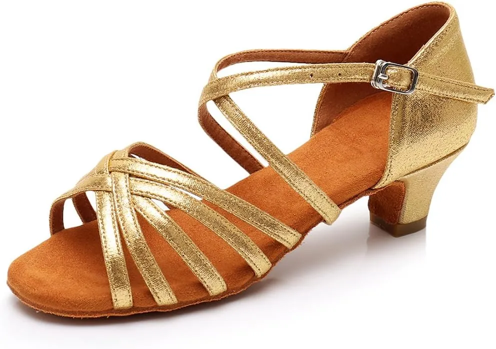 HIPPOSEUS Girls' Standard Latin Dance Shoes Open Toe Ballroom Dance Shoes Low Heel,Model WHXGG