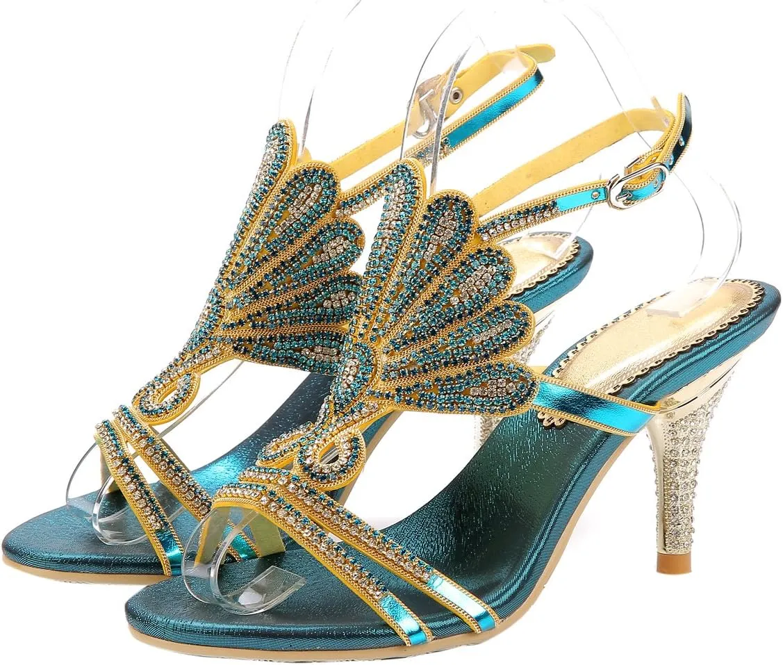 Honeystore Women's Peacock Shaped Pattern Handmade Rhinestone Sandals