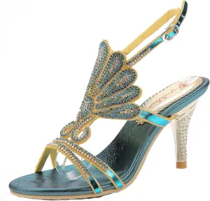 Honeystore Women's Peacock Shaped Pattern Handmade Rhinestone Sandals