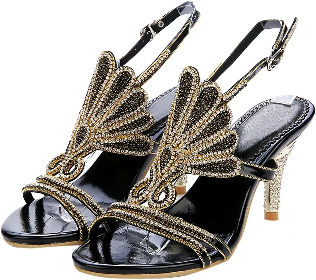 Honeystore Women's Peacock Shaped Pattern Handmade Rhinestone Sandals