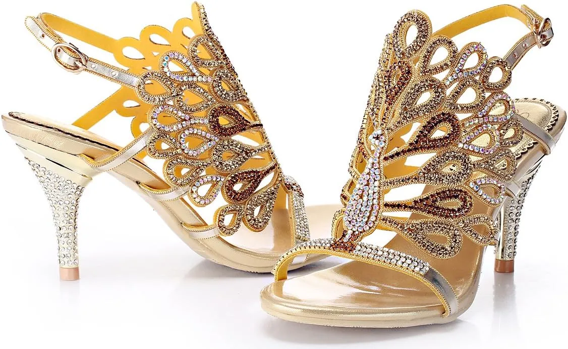 Honeystore Women's Peacock Shaped Pattern Handmade Rhinestone Sandals