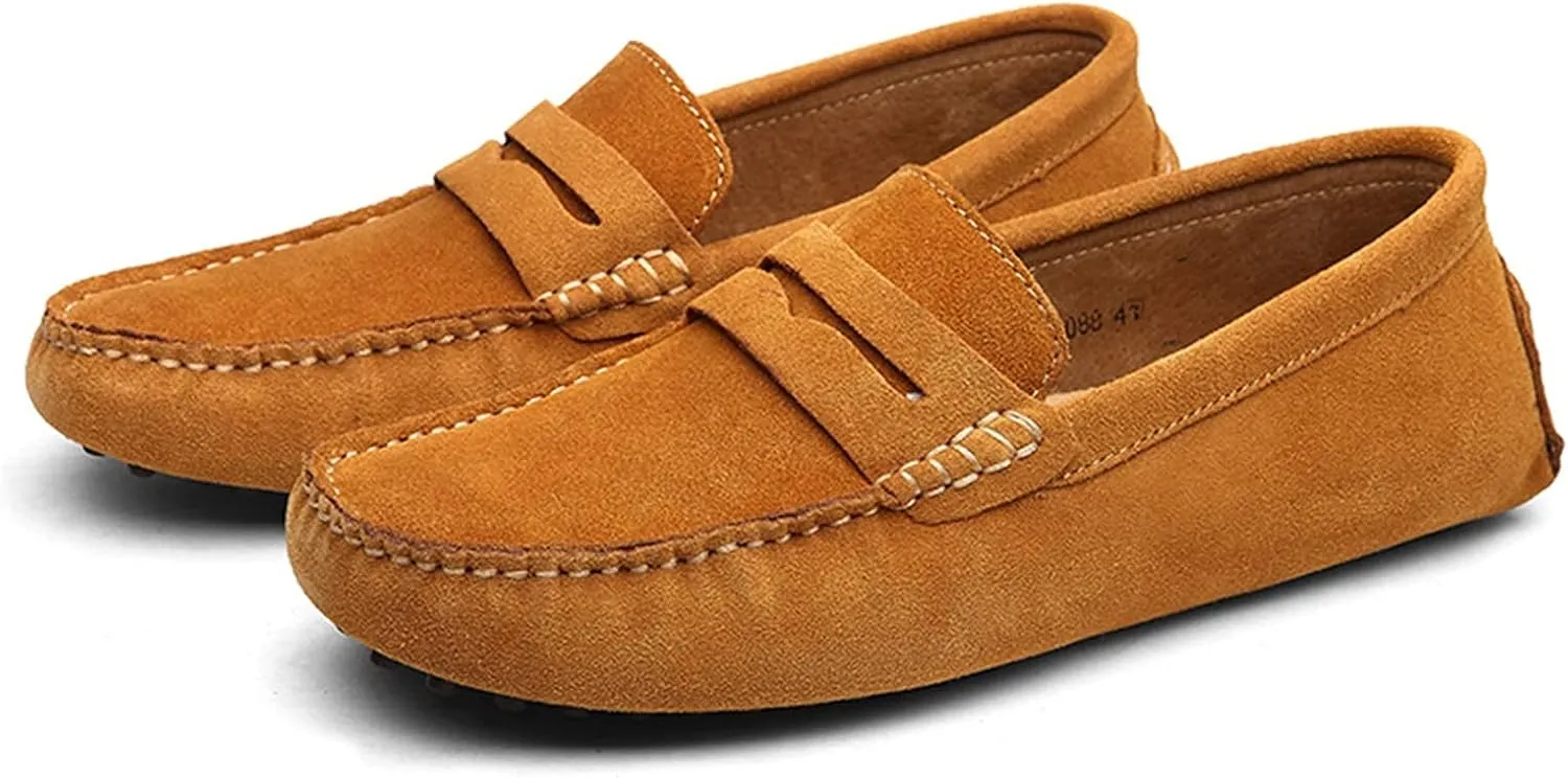 HOOENG Driving Moccasins for Men Suede Vamp Stitching Details Genuine Leather Soft Comfortable Flat Heel Resistant Casual Slip on