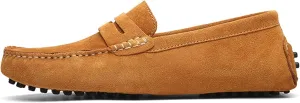 HOOENG Driving Moccasins for Men Suede Vamp Stitching Details Genuine Leather Soft Comfortable Flat Heel Resistant Casual Slip on
