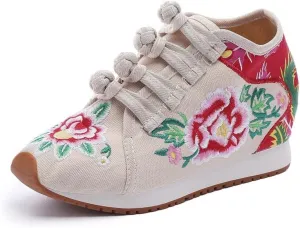 HOTRA Women's Flower Embroidered Platform Shoes Comfortable Canvas Wedge Sneakers Winter Warm Fleece Lining Shoes (Color : Beige, Size : 8 US)