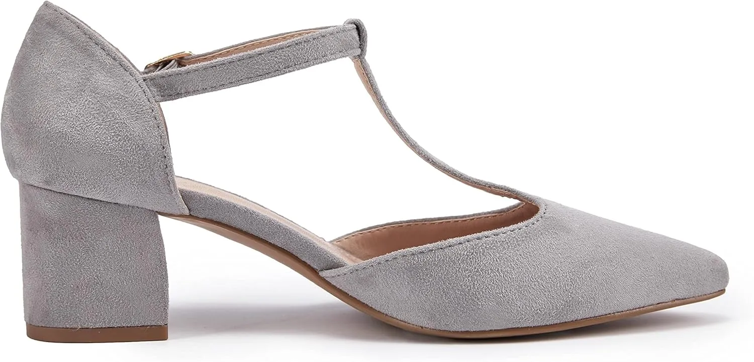 Huiyuzhi Women's T-Strap Pointed Toe Ankle Buckle Chunky Block Heel Pumps