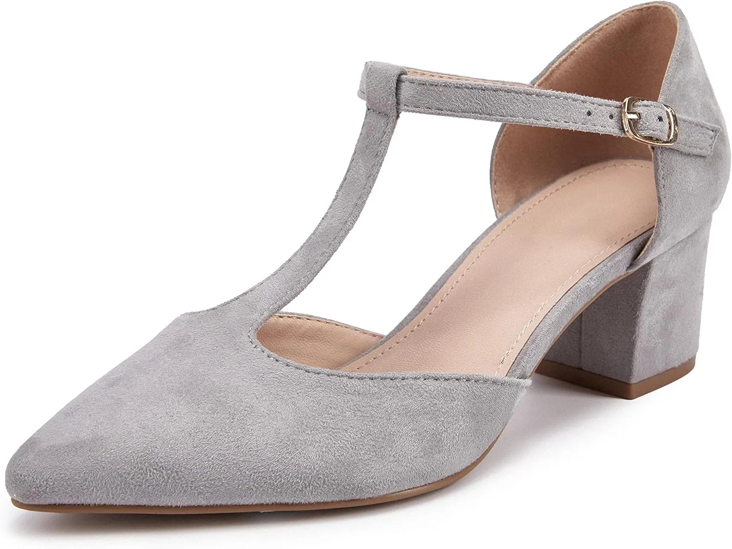 Huiyuzhi Women's T-Strap Pointed Toe Ankle Buckle Chunky Block Heel Pumps