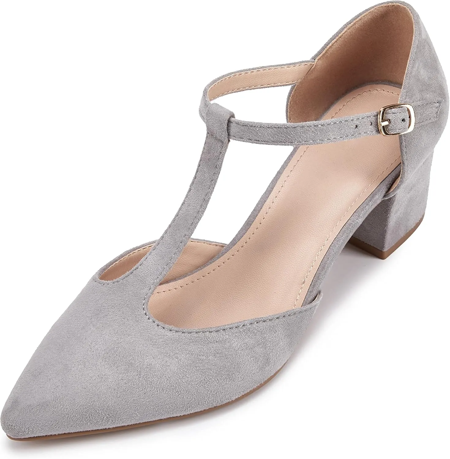 Huiyuzhi Women's T-Strap Pointed Toe Ankle Buckle Chunky Block Heel Pumps