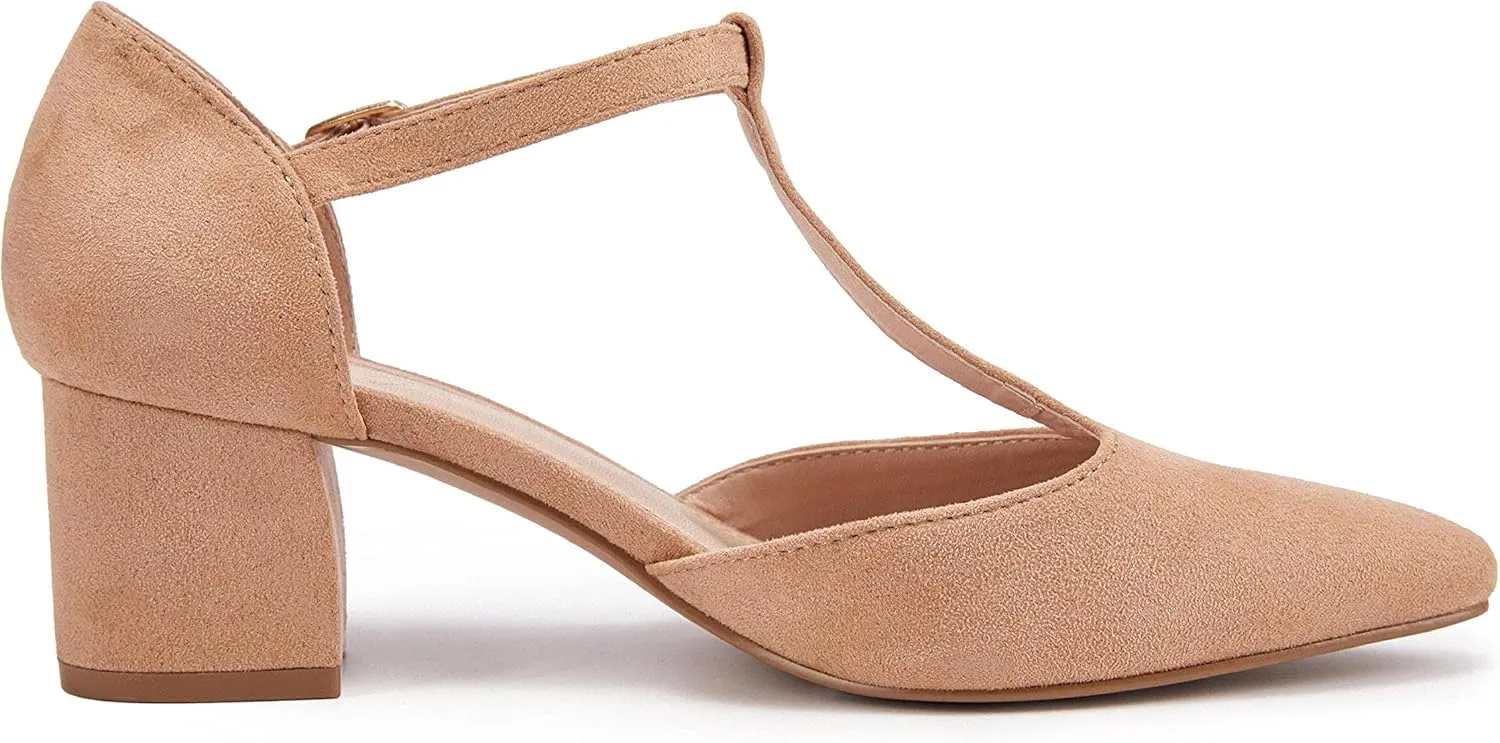 Huiyuzhi Women's T-Strap Pointed Toe Ankle Buckle Chunky Block Heel Pumps