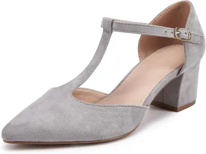 Huiyuzhi Women's T-Strap Pointed Toe Ankle Buckle Chunky Block Heel Pumps