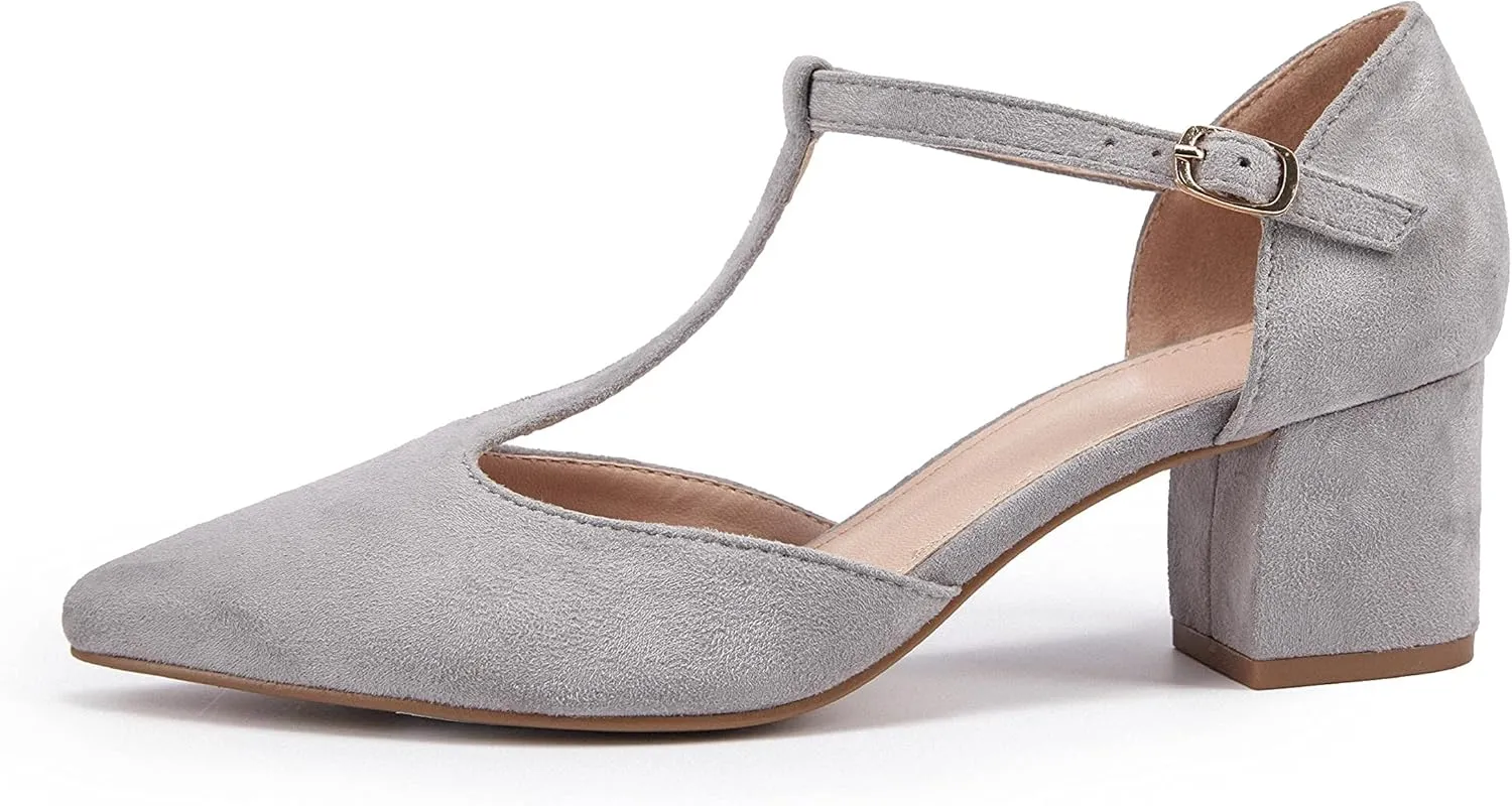 Huiyuzhi Women's T-Strap Pointed Toe Ankle Buckle Chunky Block Heel Pumps