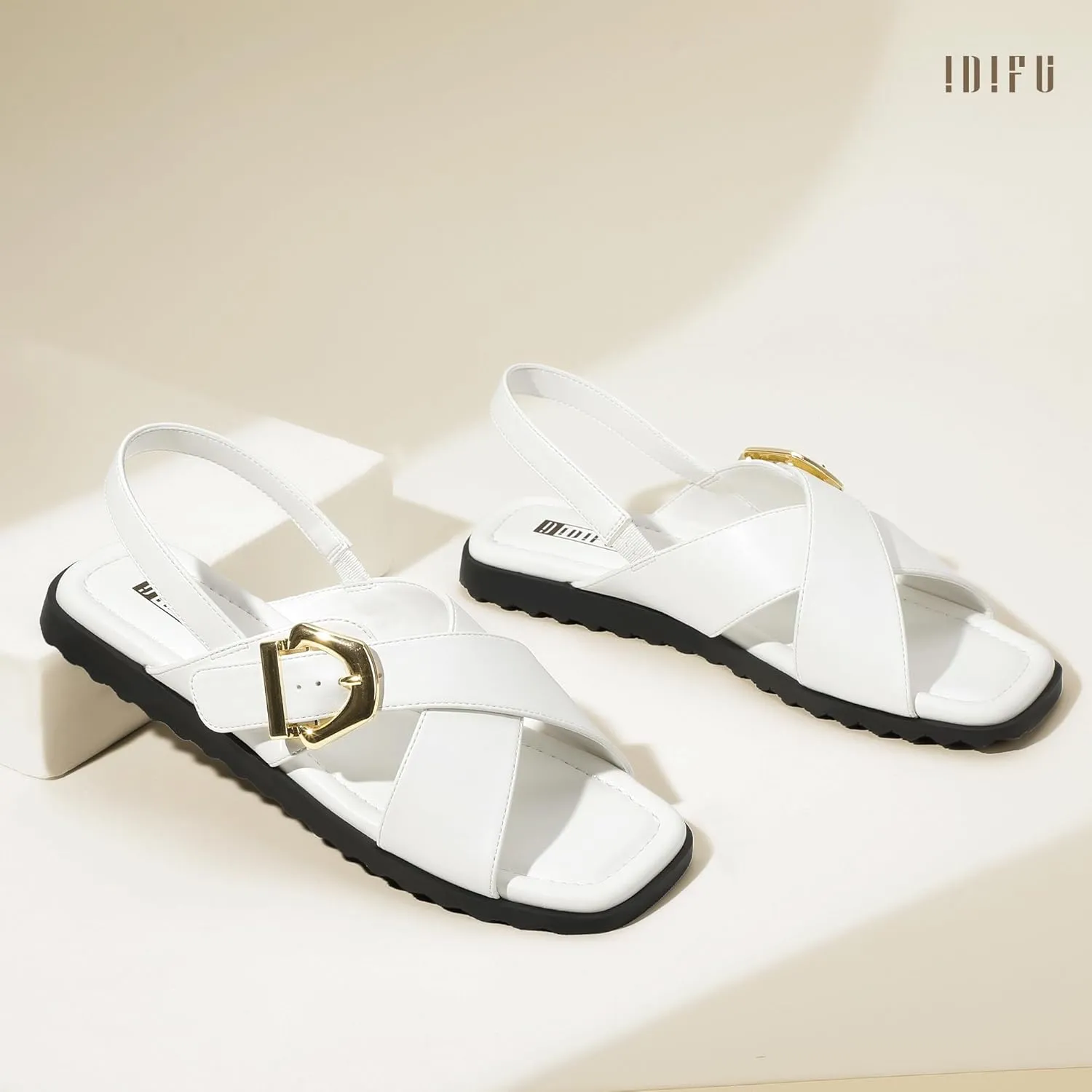 IDIFU Buckle Strappy Flat Sandals for Women Open Square Toe Cross Strap Ankle Strap Slingback Dress Women Ladies Comfortable Dressy Cute Trendy Casual Summer Walking Shoes Sandals