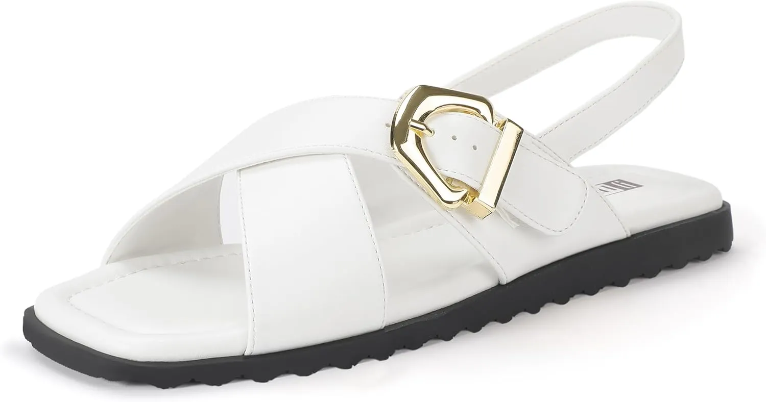 IDIFU Buckle Strappy Flat Sandals for Women Open Square Toe Cross Strap Ankle Strap Slingback Dress Women Ladies Comfortable Dressy Cute Trendy Casual Summer Walking Shoes Sandals