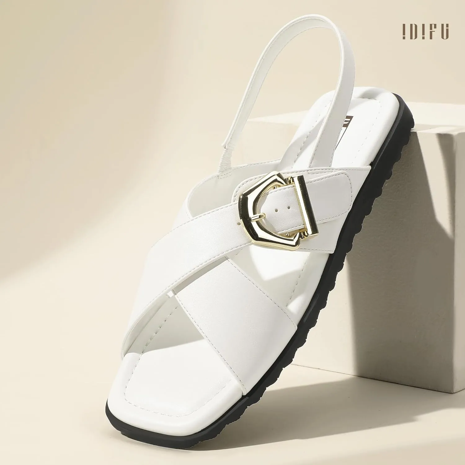 IDIFU Buckle Strappy Flat Sandals for Women Open Square Toe Cross Strap Ankle Strap Slingback Dress Women Ladies Comfortable Dressy Cute Trendy Casual Summer Walking Shoes Sandals