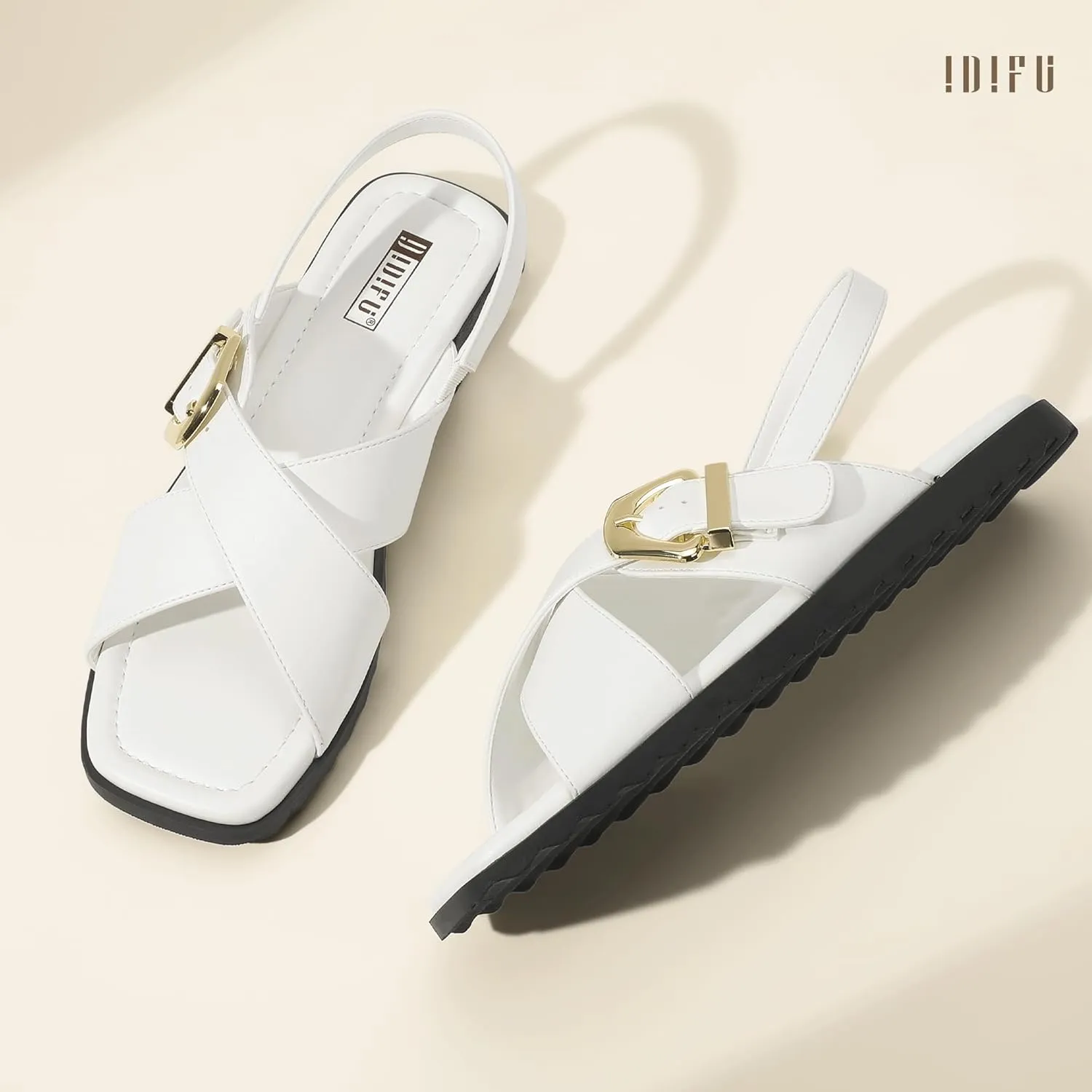 IDIFU Buckle Strappy Flat Sandals for Women Open Square Toe Cross Strap Ankle Strap Slingback Dress Women Ladies Comfortable Dressy Cute Trendy Casual Summer Walking Shoes Sandals