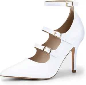 IDIFU IN4 Women's Pumps High Heels Dress Shoes for Women Closed Toe Strappy Heels Wedding Comfortable Dressy Formal Stiletto Ankle Strap Pointed Toe Three Strap Heels Pump Shoes