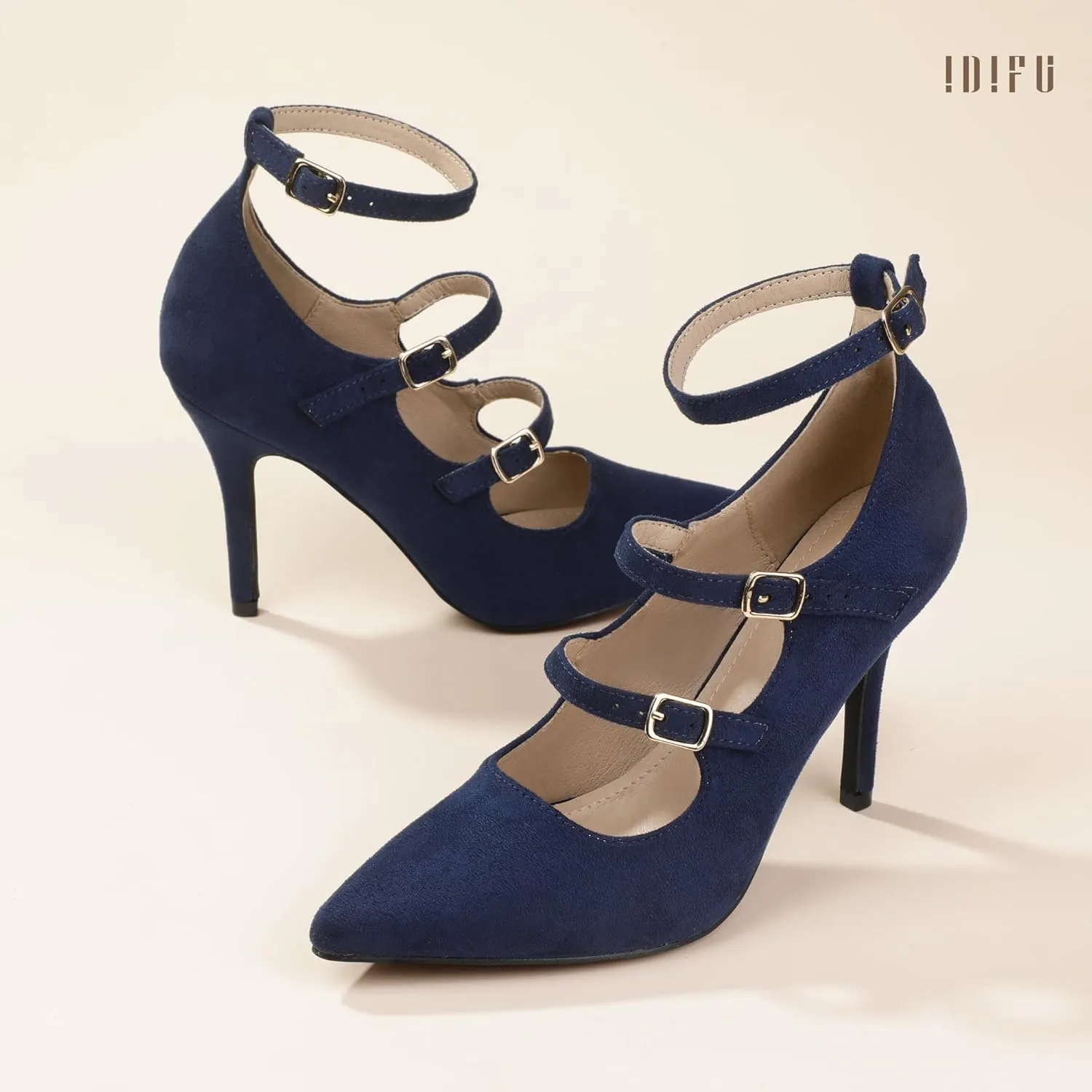 IDIFU IN4 Women's Pumps High Heels Dress Shoes for Women Closed Toe Strappy Heels Wedding Comfortable Dressy Formal Stiletto Ankle Strap Pointed Toe Three Strap Heels Pump Shoes