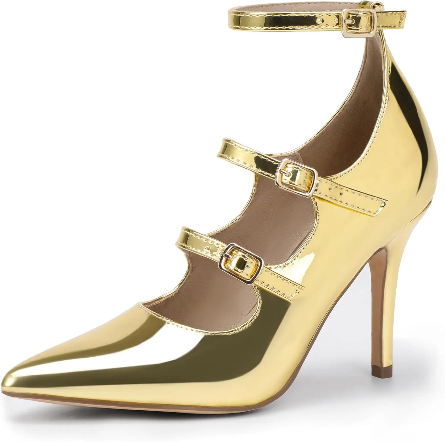 IDIFU IN4 Women's Pumps High Heels Dress Shoes for Women Closed Toe Strappy Heels Wedding Comfortable Dressy Formal Stiletto Ankle Strap Pointed Toe Three Strap Heels Pump Shoes