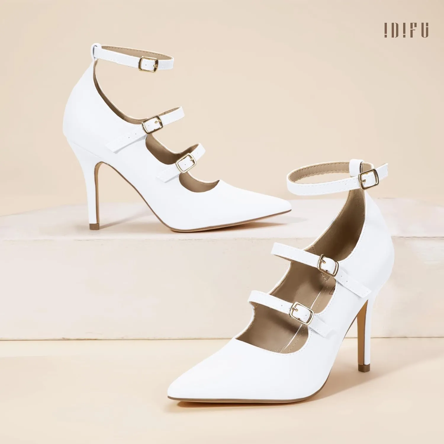 IDIFU IN4 Women's Pumps High Heels Dress Shoes for Women Closed Toe Strappy Heels Wedding Comfortable Dressy Formal Stiletto Ankle Strap Pointed Toe Three Strap Heels Pump Shoes