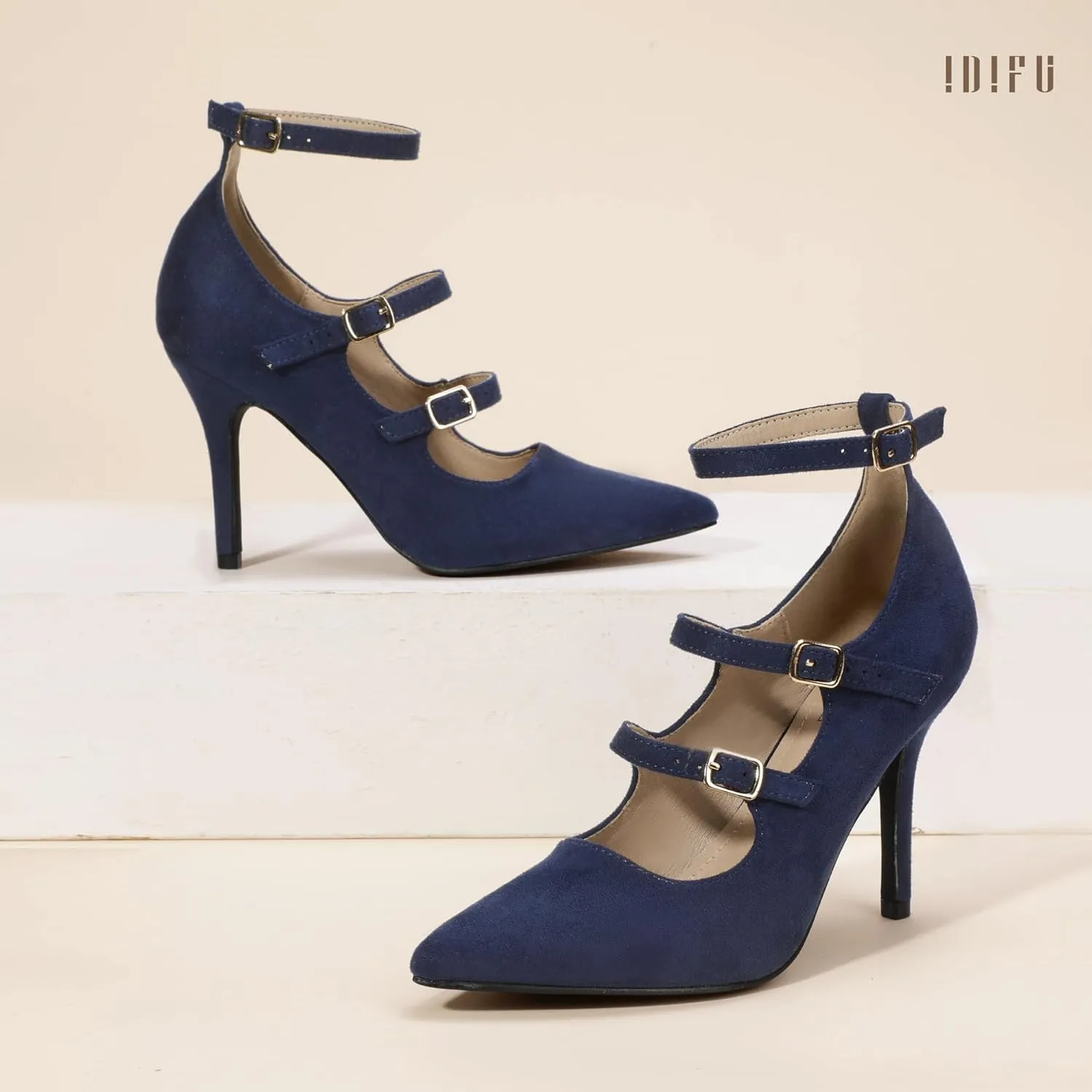 IDIFU IN4 Women's Pumps High Heels Dress Shoes for Women Closed Toe Strappy Heels Wedding Comfortable Dressy Formal Stiletto Ankle Strap Pointed Toe Three Strap Heels Pump Shoes