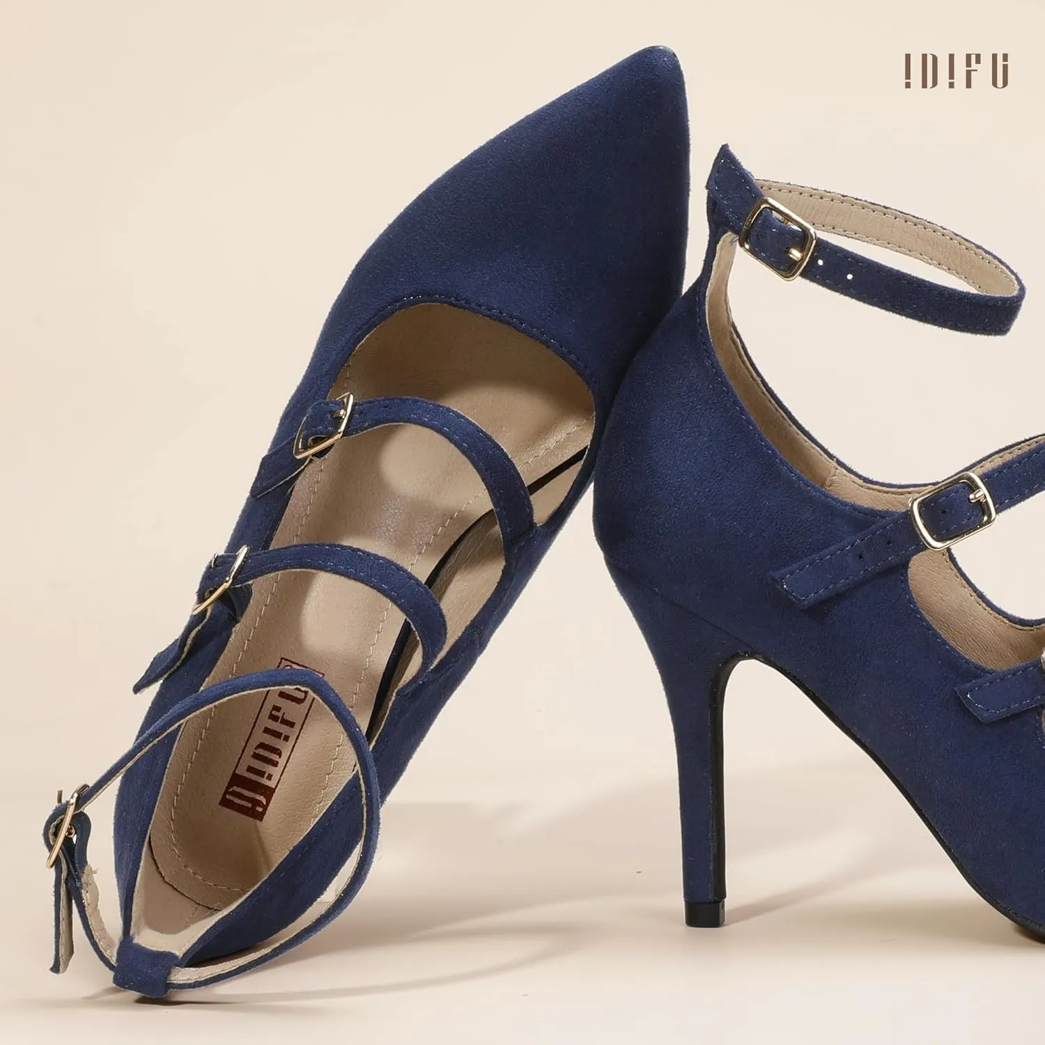 IDIFU IN4 Women's Pumps High Heels Dress Shoes for Women Closed Toe Strappy Heels Wedding Comfortable Dressy Formal Stiletto Ankle Strap Pointed Toe Three Strap Heels Pump Shoes