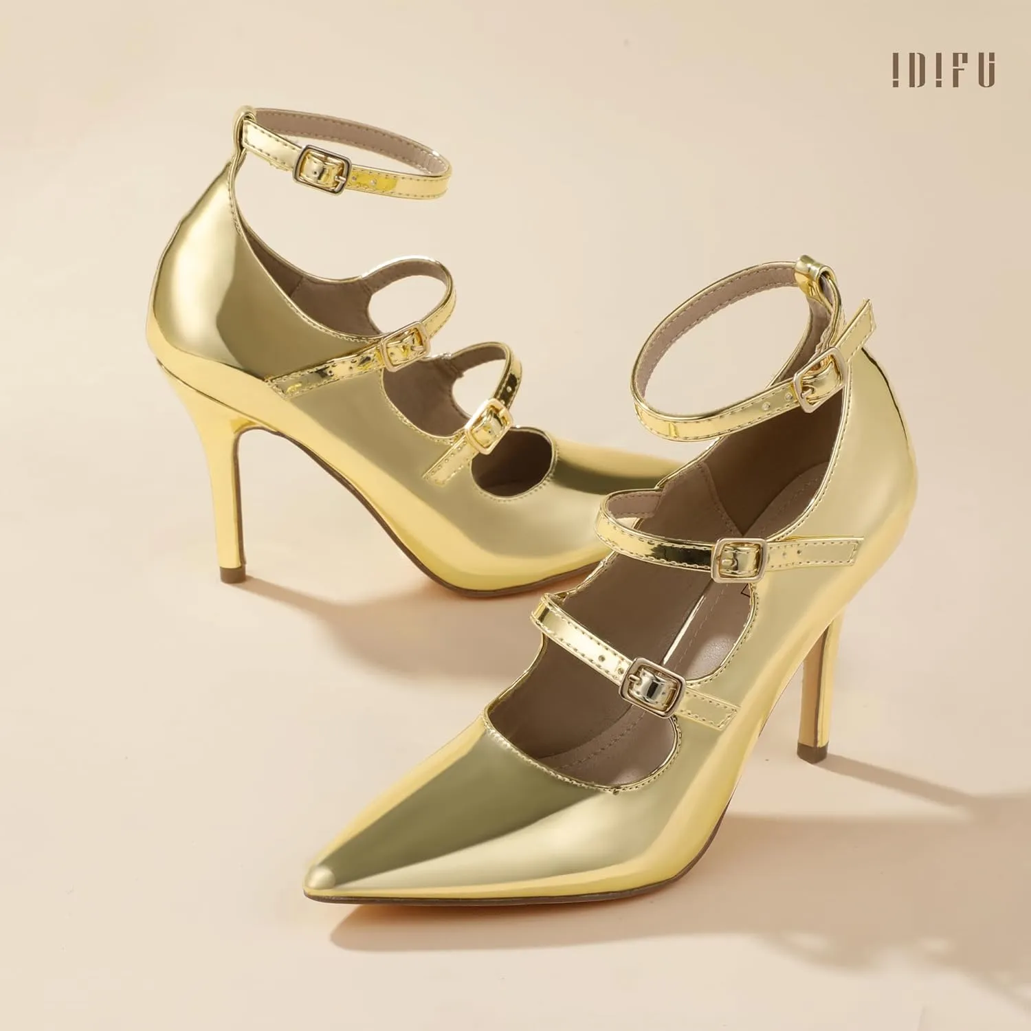 IDIFU IN4 Women's Pumps High Heels Dress Shoes for Women Closed Toe Strappy Heels Wedding Comfortable Dressy Formal Stiletto Ankle Strap Pointed Toe Three Strap Heels Pump Shoes