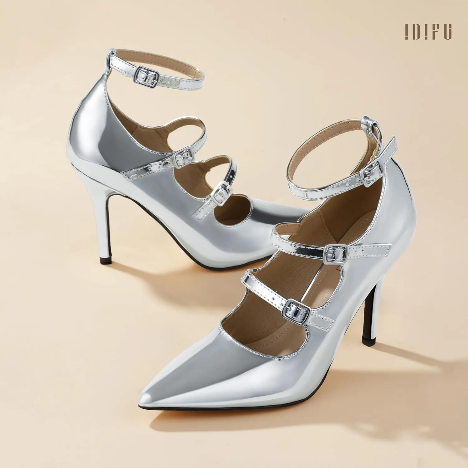 IDIFU IN4 Women's Pumps High Heels Dress Shoes for Women Closed Toe Strappy Heels Wedding Comfortable Dressy Formal Stiletto Ankle Strap Pointed Toe Three Strap Heels Pump Shoes