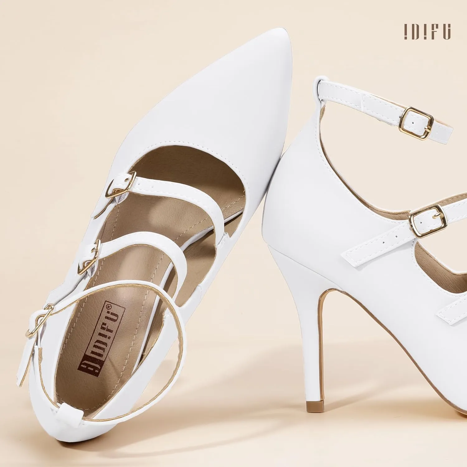 IDIFU IN4 Women's Pumps High Heels Dress Shoes for Women Closed Toe Strappy Heels Wedding Comfortable Dressy Formal Stiletto Ankle Strap Pointed Toe Three Strap Heels Pump Shoes