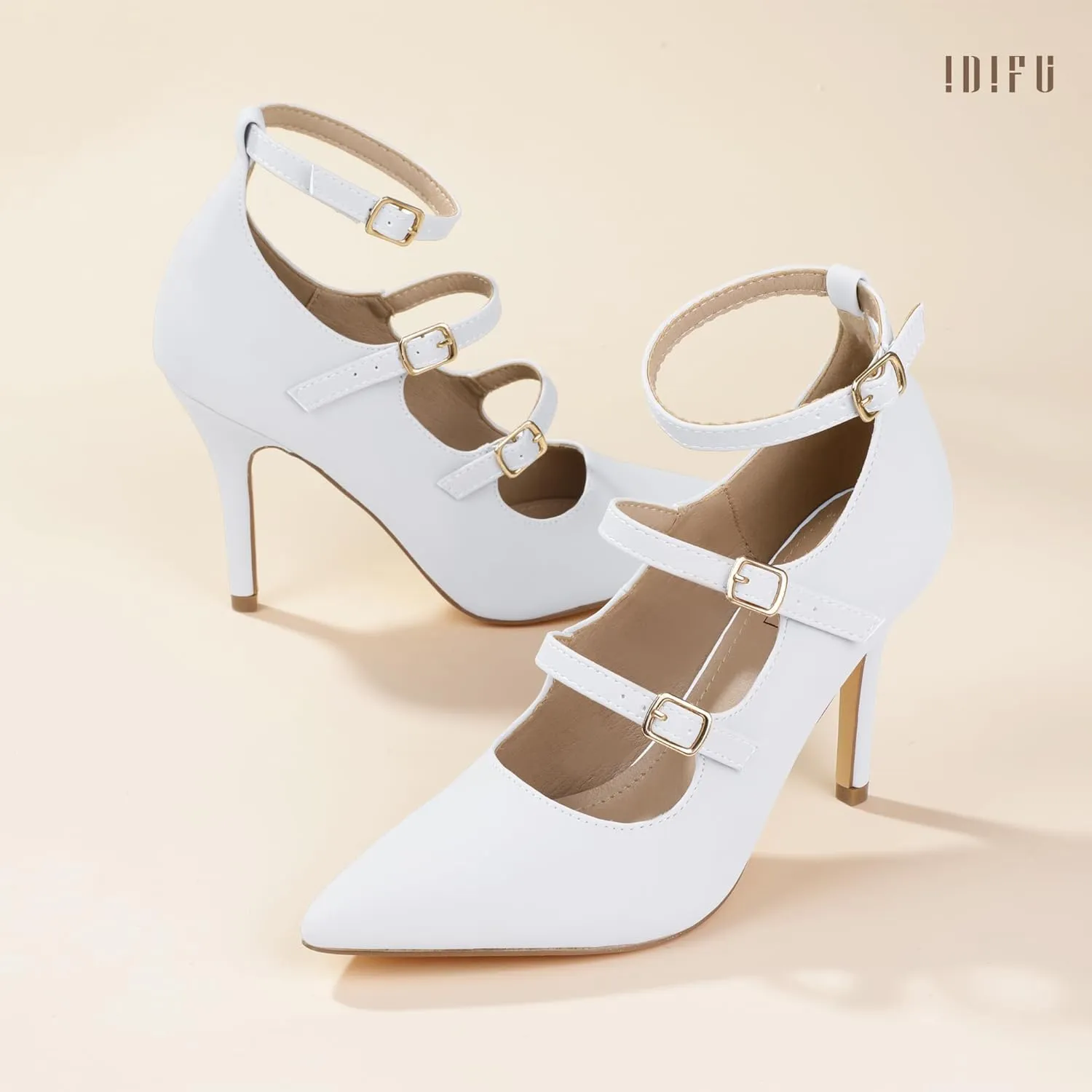 IDIFU IN4 Women's Pumps High Heels Dress Shoes for Women Closed Toe Strappy Heels Wedding Comfortable Dressy Formal Stiletto Ankle Strap Pointed Toe Three Strap Heels Pump Shoes