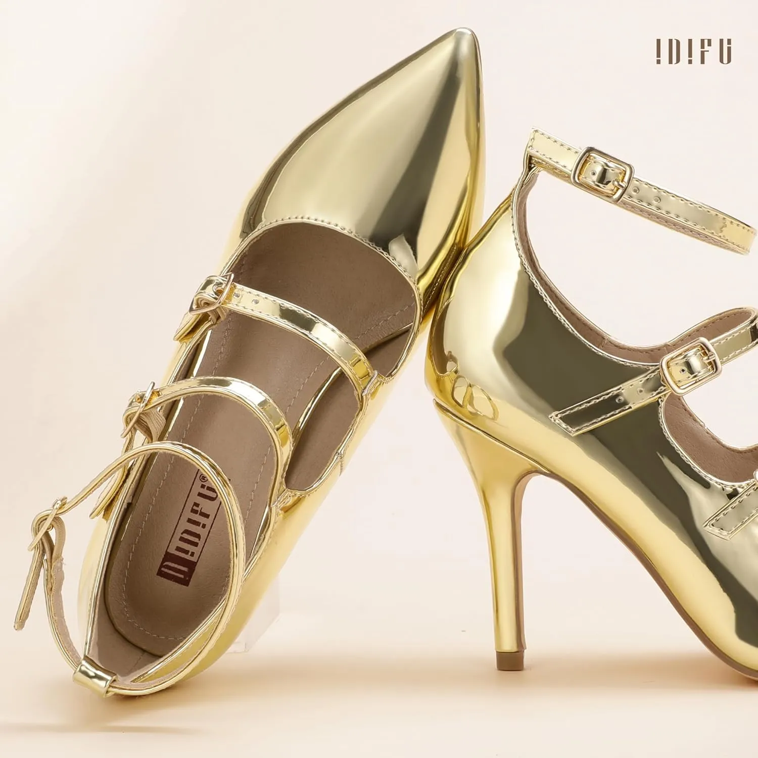 IDIFU IN4 Women's Pumps High Heels Dress Shoes for Women Closed Toe Strappy Heels Wedding Comfortable Dressy Formal Stiletto Ankle Strap Pointed Toe Three Strap Heels Pump Shoes
